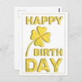 Carte Postale Joyeux anniversaire en or avec trèfle à 4 feuilles (Devant / Derrière)