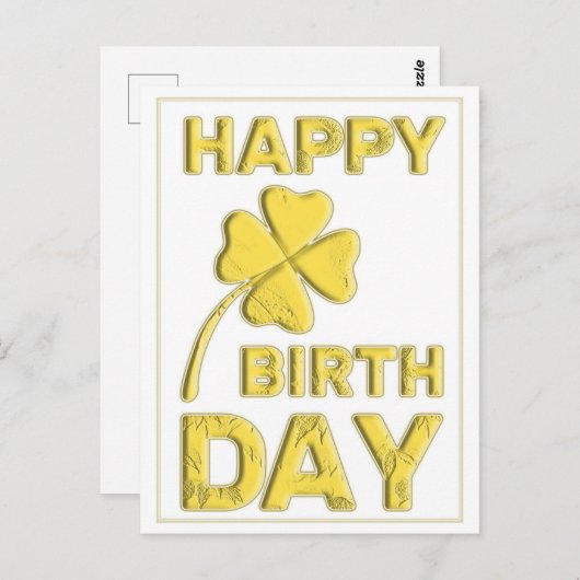 Carte Postale Joyeux anniversaire en or avec trèfle à 4 feuilles (Devant / Derrière)