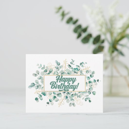Carte Postale Joyeux Anniversaire Feuilles d'Eucalyptus Vert et (Debout devant)