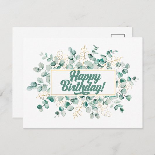 Carte Postale Joyeux Anniversaire Feuilles d'Eucalyptus Vert et (Devant / Derrière)