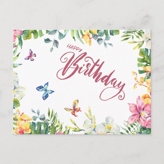 Carte Postale Joyeux Anniversaire Feuilles Tropicales, Fleurs, P (Devant)
