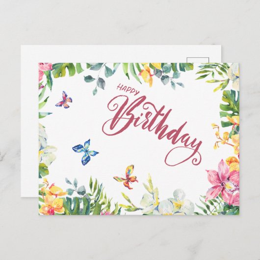 Carte Postale Joyeux Anniversaire Feuilles tropicaux, Fleurs, Pa (Devant / Derrière)