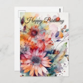 Carte Postale Joyeux Anniversaire Fleurs Abstrait Aquarelle  (Devant / Derrière)