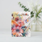 Carte Postale Joyeux Anniversaire Fleurs Aquarelle Abstraites  (Debout devant)