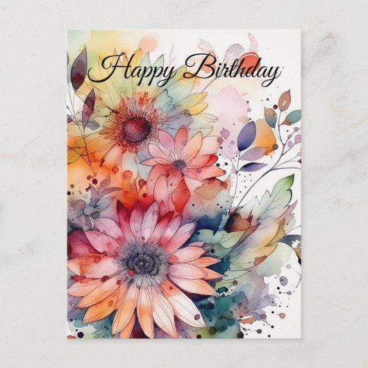Carte Postale Joyeux Anniversaire Fleurs Aquarelle Abstraites  (Devant)