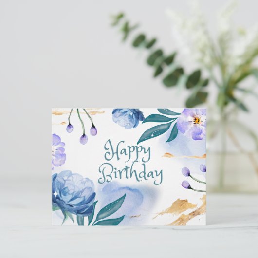Carte Postale Joyeux Anniversaire Fleurs Aquarelle Bleues et Vio (Debout devant)