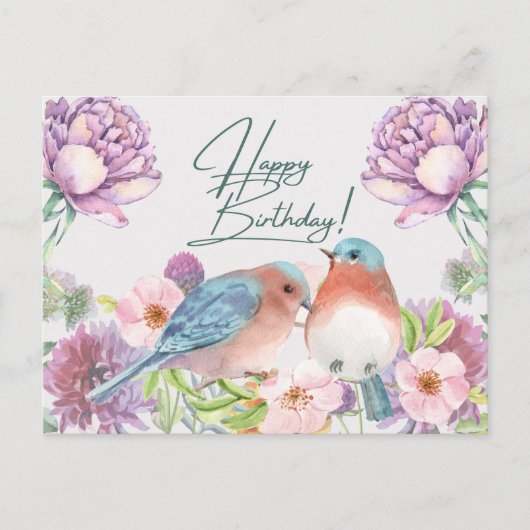 Carte Postale Joyeux Anniversaire Fleurs Aquarelle, Oiseaux (Devant)