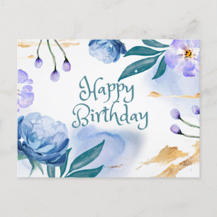 Carte Postale Joyeux Anniversaire Fleurs Aquarelles Bleues et Vi