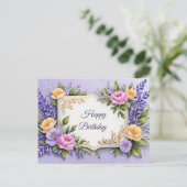 Carte Postale Joyeux Anniversaire Fleurs Colorées sur Lavande (Debout devant)