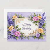 Carte Postale Joyeux Anniversaire Fleurs Colorées sur Lavande (Devant / Derrière)