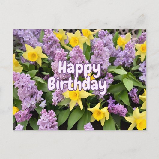 Carte Postale Joyeux Anniversaire Fleurs de Lilas et Jonquilles  (Devant)