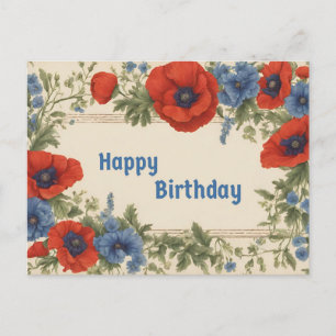Carte Postale Joyeux Anniversaire Fleurs de Pavot Rouges et Bleu