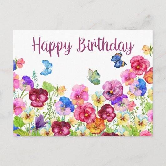 Carte Postale Joyeux Anniversaire Fleurs de Pensée Aquarelle Vib (Devant)