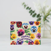 Carte Postale Joyeux Anniversaire Fleurs de Pensée Vintage (Debout devant)