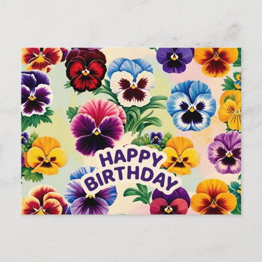 Carte Postale Joyeux Anniversaire Fleurs de Pensée Vintage (Devant)
