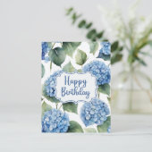 Carte Postale Joyeux Anniversaire Fleurs d'Hydrangea Bleu Aquare (Debout devant)
