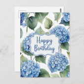 Carte Postale Joyeux Anniversaire Fleurs d'Hydrangea Bleu Aquare (Devant / Derrière)