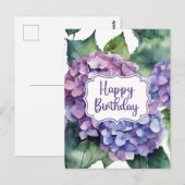 Carte Postale Joyeux Anniversaire Fleurs d'Hydrangea Violettes (Devant / Derrière)