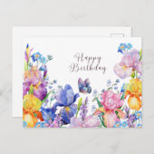 Carte Postale Joyeux Anniversaire Fleurs d'Iris Aquarelle et Jar (Devant / Derrière)
