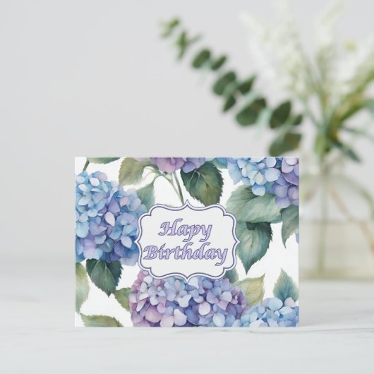 Carte Postale Joyeux Anniversaire Fleurs Hydrangea Aquarelle  (Debout devant)