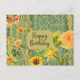 Carte Postale Joyeux Anniversaire Fleurs Jaunes et Orange Vintag