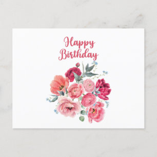 Carte Postale Joyeux Anniversaire Fleurs Rouges et Roses Aquarel