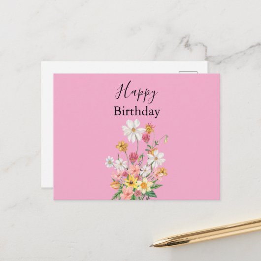 Carte Postale Joyeux Anniversaire Fleurs Sauvages Rose (Devant/Arrière en situation)