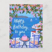 Carte Postale Joyeux Anniversaire Fleurs Terrasse Île grecque (Devant)
