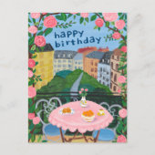 Carte Postale JOYEUX ANNIVERSAIRE Fleurs Terrasse Thé à Paris (Devant)