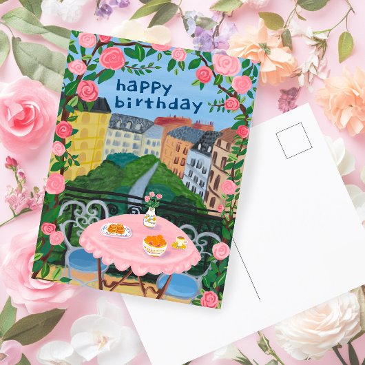 Carte Postale JOYEUX ANNIVERSAIRE Fleurs Terrasse Thé à Paris