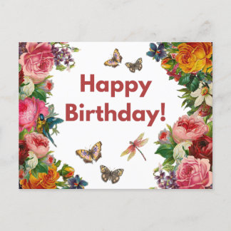 Carte Postale Joyeux anniversaire Fleurs Vintages et papillons