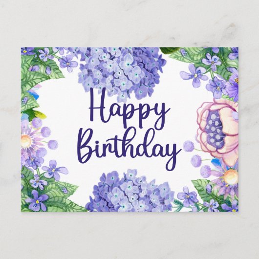 Carte Postale Joyeux Anniversaire Fleurs Violettes Aquarelle (Devant)