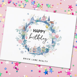 Carte Postale Joyeux anniversaire Floral House Wreath Immobilier