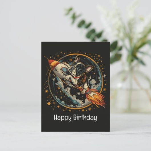 Carte Postale Joyeux Anniversaire Fusée Bateau Chien Bouledogue (Debout devant)