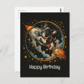 Carte Postale Joyeux Anniversaire Fusée Bateau Chien Bouledogue  (Devant / Derrière)