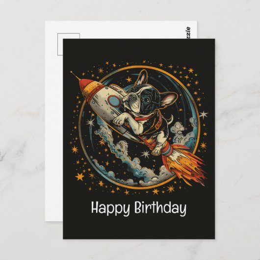 Carte Postale Joyeux Anniversaire Fusée Bateau Chien Bouledogue (Devant / Derrière)