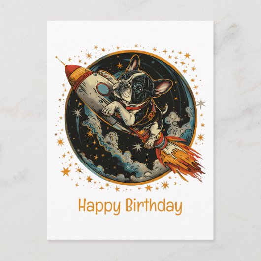 Carte Postale Joyeux Anniversaire Fusée Bateau Chien Bouledogue  (Devant)