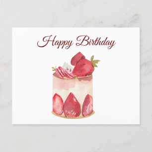 Carte Postale Joyeux Anniversaire Gâteau aux Fraises Aquarelle 