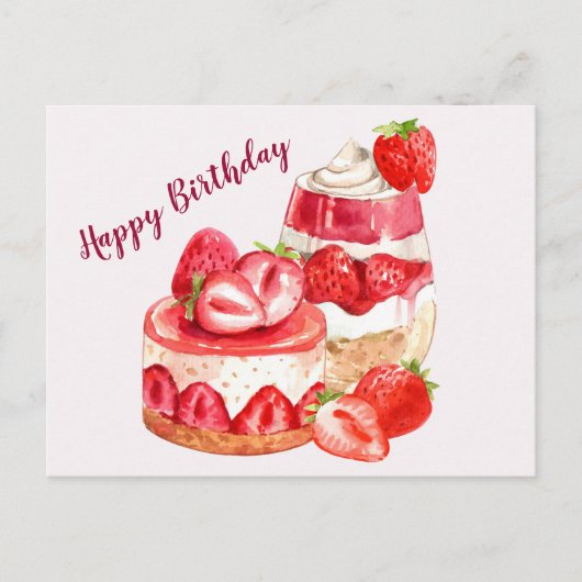 Carte Postale Joyeux Anniversaire Gâteau de Fraise et Crème Glac (Devant)