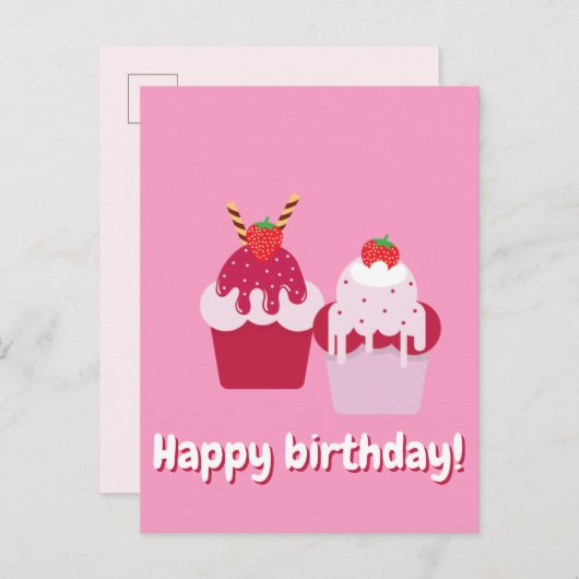 Carte Postale Joyeux Anniversaire - Gâteaux Fraises Roses Mignon (Devant / Derrière)