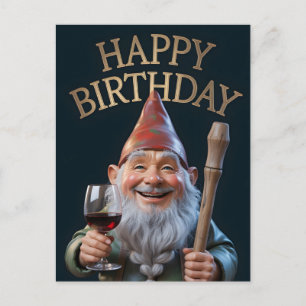 Carte Postale "Joyeux Anniversaire" Gnome trinquant au vin rouge