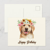 Carte Postale Joyeux Anniversaire Golden Retriever avec des Fleu (Devant / Derrière)
