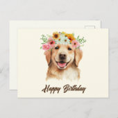 Carte Postale Joyeux Anniversaire Golden Retriever avec Fleurs (Devant / Derrière)