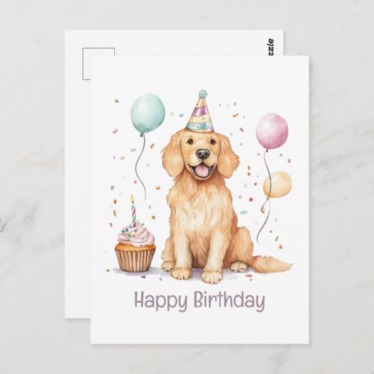 Carte Postale Joyeux Anniversaire Golden Retriever Chien (Devant / Derrière)