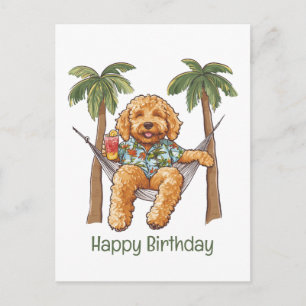 Carte Postale Joyeux Anniversaire Goldendoodle en Haut Hawaïen