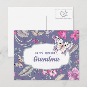 Carte Postale Joyeux anniversaire, grand-mère. Fleurs et papillo