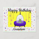 Carte Postale Joyeux anniversaire, Grandson, Cute Space Alien<br><div class="desc">This birthday postcard for a grandson has my digital drawing of a purple flying saucer with a green space alien inside. The space alien est sur un coup de pied de Colorful stars with hanging stars on each side. You can change the text to make this postcard suitable for anyone....</div>