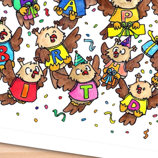 Carte Postale Joyeux Anniversaire Hiboux par Nicole Janes