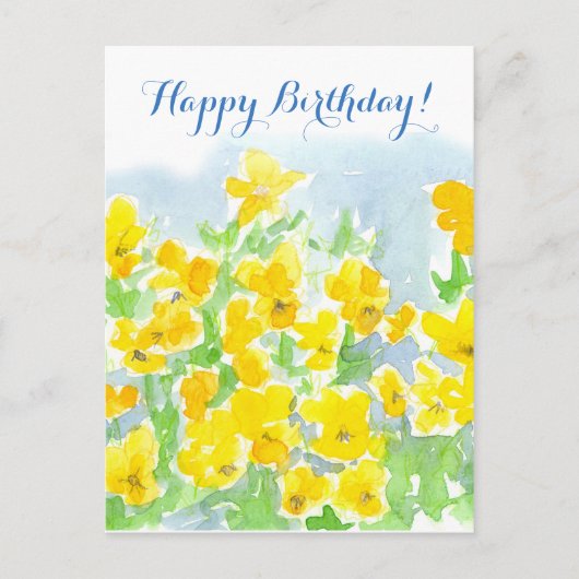 Carte Postale Joyeux Anniversaire Jaune Fleurs de Pansy Violas (Devant)