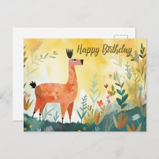 Carte Postale Joyeux Anniversaire Joli Alpaca et Nature Abstrait (Devant / Derrière)